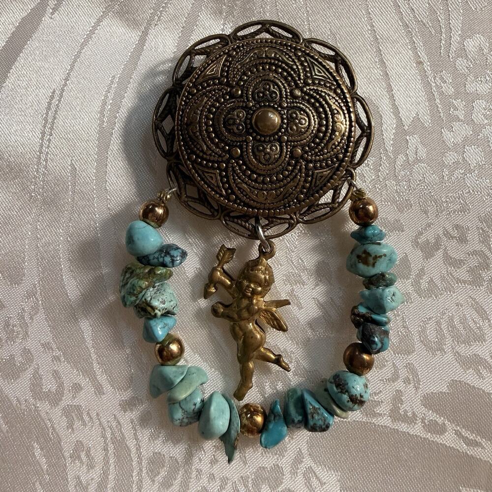 Vintage 80’s Brass Filigree Button Cover Turquoise Nuggets Cherub Charm